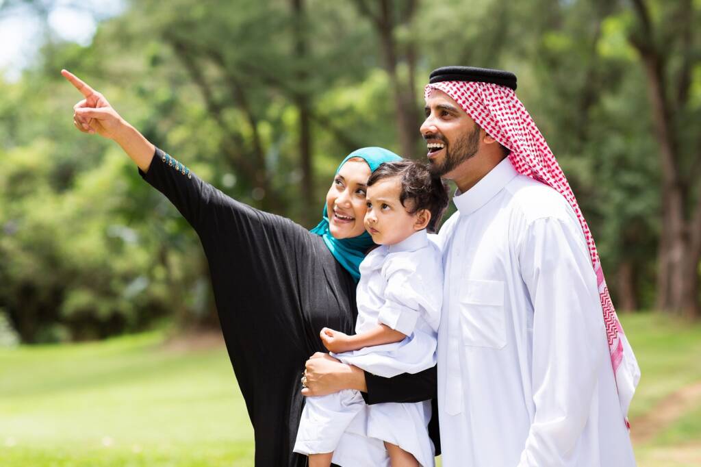 Cute,Arabian,Family,Looking,And,Pointing,In,The,Forest